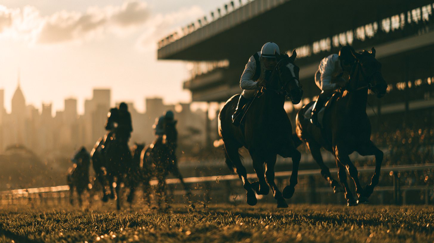Páreo de corridas de cavalos no Hipódromo de Cidade Jardim, São Paulo